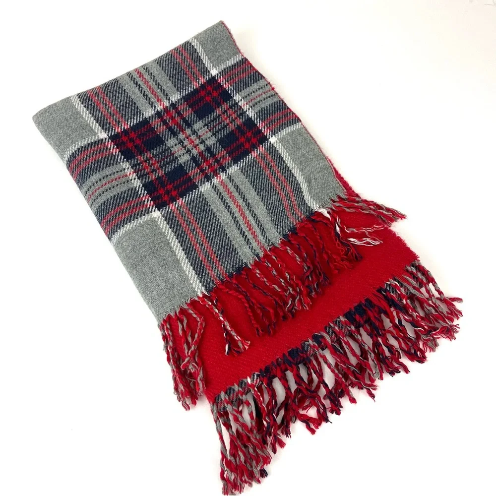 Banana Republic Men's David Plaid Print Winter Scarf Gray and Red